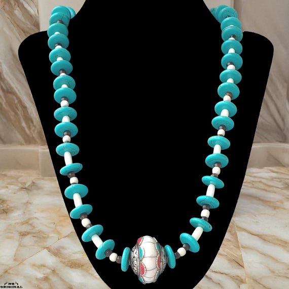 Handmade Turquoise Necklace • Native‑Inspired Boho Jewelry • Unisex Protection Talisman • Unique Gift • Artisan Made in France