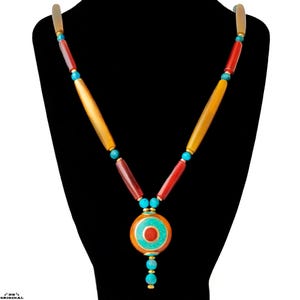 Tribal Necklace in Natural Horn | Tibetan Pendant with Turquoise & Coral | Handmade Boho Ethnic Jewelry for Women