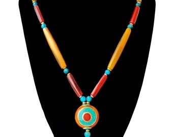 Tribal Necklace in Natural Horn | Tibetan Pendant with Turquoise & Coral | Handmade Boho Ethnic Jewelry for Women