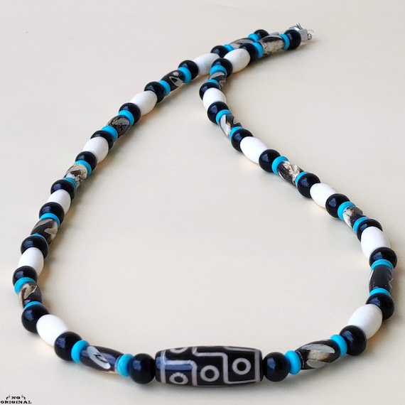 Authentic Dzi 9 Eyes Amulet | Tibetan Protection Talisman Necklace | Black Onyx Pendant for Success and Strength •Powerful Spiritual Jewelry