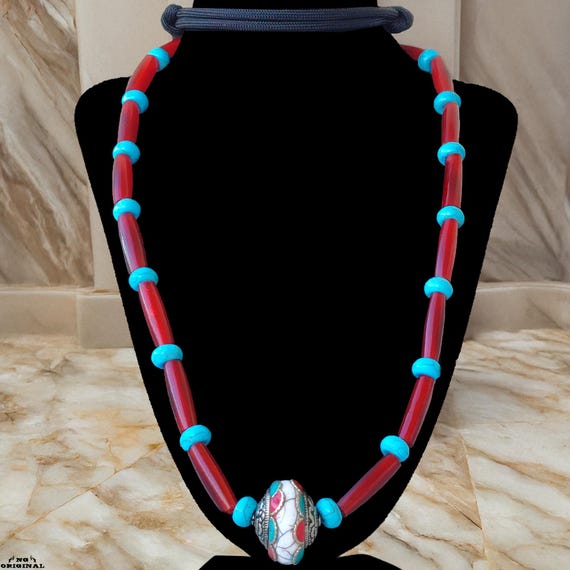 Boho Native Necklace • Tibetan Silver Pendant with Coral & Turquoise • Tribal Spiritual Jewelry Handmade in France
