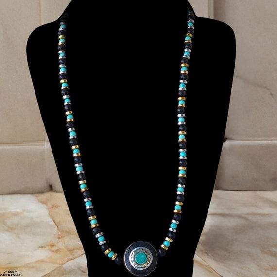 Native American Necklace Turquoise & Coral  |Handmade Spiritual Jewelry Symbol of Protection  | Energy