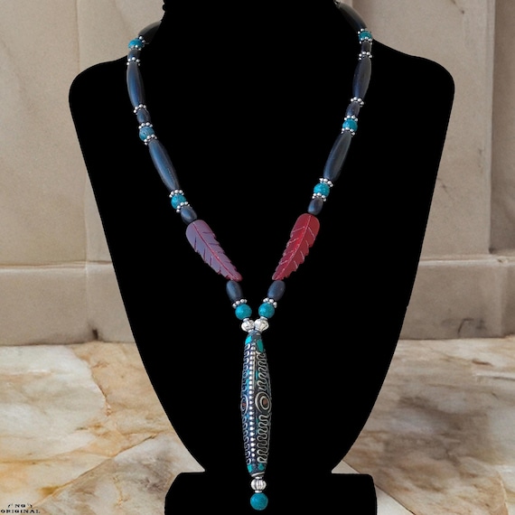 Native American turquoise & red coral necklace Tibetan pendant, tribal handmade jewelry, spiritual talisman, boho chic gift