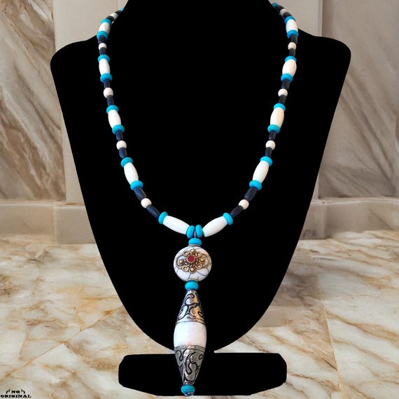 Native American Tribal Necklace 925 Silver & Shell – Tibetan Pendant, Horn, Natural Turquoise, Spiritual Boho Talisman