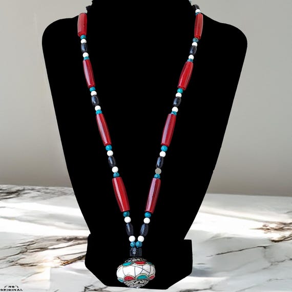 Native American Turquoise and Coral Necklace | Handmade Tribal Jewelry | Spiritual Tibetan Pendant | Boho Chic Style | Unique Gift