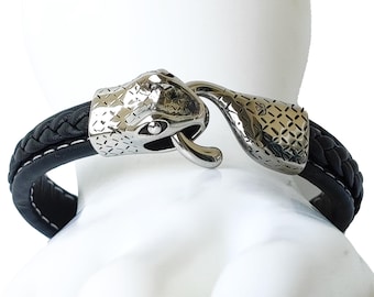 Viking leather bracelet handmade • Serpent clasp • Norse symbolism • Celtic design • Spiritual gift for men • Made in France