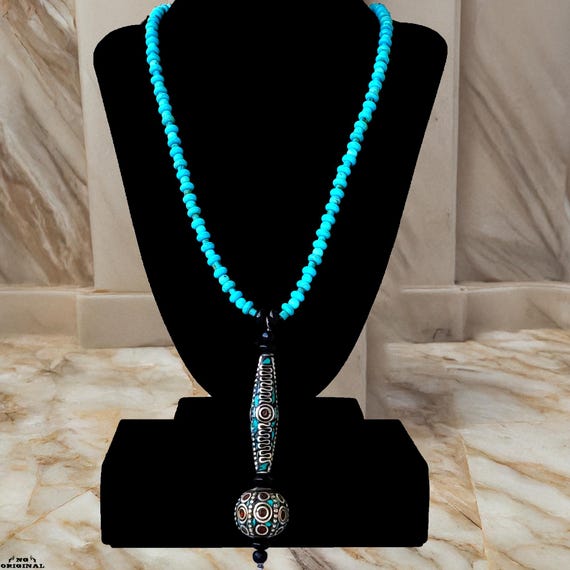 Turquoise boho necklace – Tibetan double pendant in brass, coral & turquoise, spiritual handmade jewelry, artisan gift from France