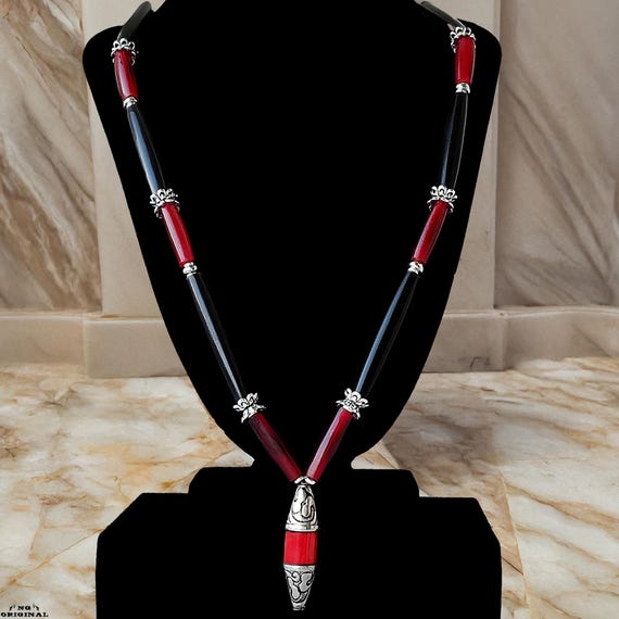 Native American necklace — Tibetan pendant in yak bone & silver, boho tribal handmade jewelry, spiritual gift, made in France