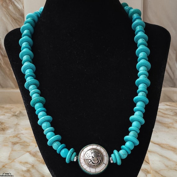 Boho Native American Necklace • Tibetan Turquoise Pendant • Spiritual Tribal Jewelry Handmade in France