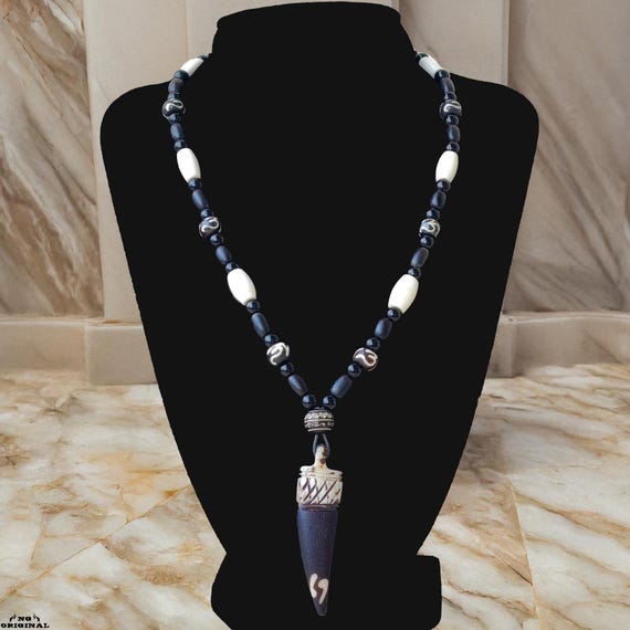 Tribal Amulet Necklace | Boho Ethnic Jewelry | Protective Talisman | Hand‑Carved Bone Pendant | Handmade – Unique Gift