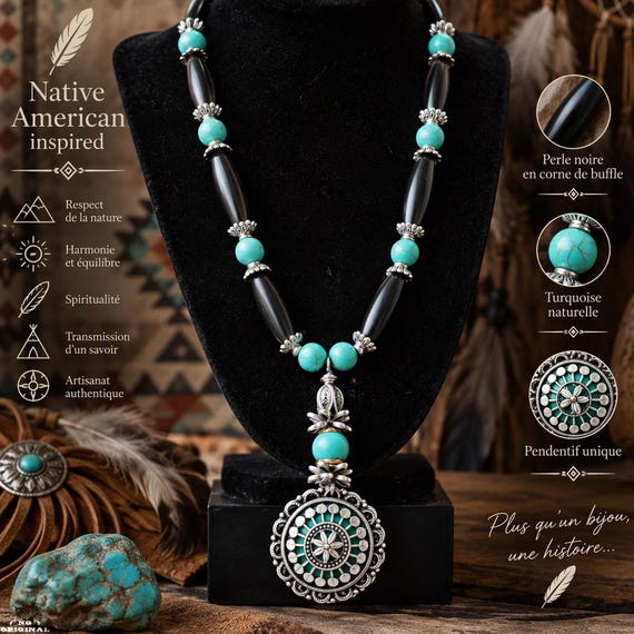 Native American Inspired Necklace, Natural Turquoise, Tribal Pendant, Boho Ethnic Jewelry, Men Women Necklace, Spiritual Talisman