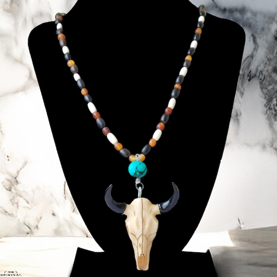 Native American Buffalo Skull Necklace  | Handmade Tribal Pendant | Boho Ethnic Jewelry | Spiritual Talisman | Unique Gift USA