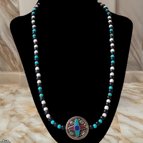 Handmade Native Tribal Necklace • Tibetan Brass Turquoise Coral Pendant • Spiritual Protection Talisman • Boho Jewelry  • Made in France