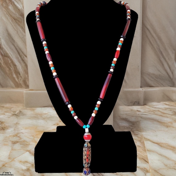 Native American Turquoise Coral Necklace | Handmade Tibetan Pendant |Boho Tribal Jewelry for Women |Ethnic Statement Necklace | Artisan Gift