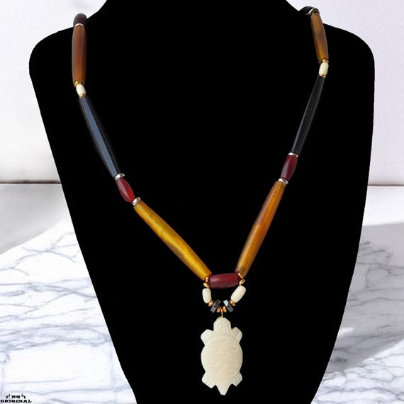 Handmade Native American Necklace with Bone Turtle Pendant Tribal Spiritual Jewelry Unisex Gift Hairpipe Made in France