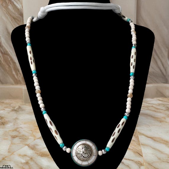 Boho Native American Necklace • Tibetan Turquoise Pendant • Tribal Spiritual Jewelry Handmade • Artisan Gift from France