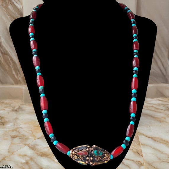 Handmade Native Tribal Necklace • Tibetan Brass Turquoise Coral Pendant • Spiritual Protection Amulet • Boho Jewelry Unisex • Made in France