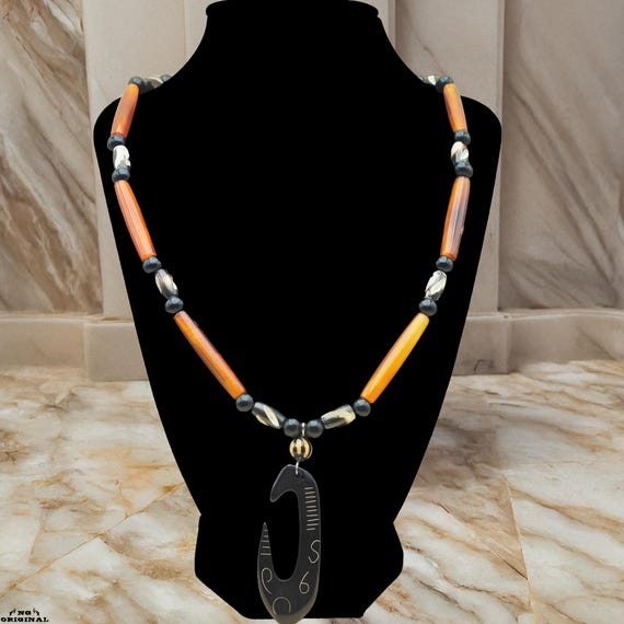 Native Tribal Horn Necklace | Hairpipe Hook Pendant | Handmade Boho Ethnic Jewelry | Spiritual Totem Gift for Men & Women