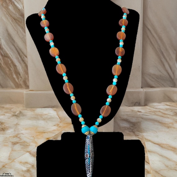 Native American Necklace Turquoise & Coral – Tribal Horn Jewelry • Tibetan Pendant • Ethnic Boho Style • Handmade in France