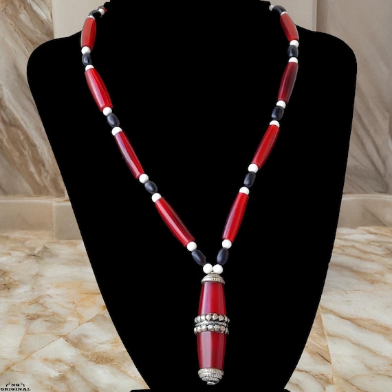 Native American Tribal Necklace Red Agate & Sterling Silver | Handmade Boho Jewelry | Unisex Spiritual Gift | Made in France