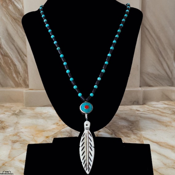 Native American Tribal Necklace • Bone Feather Pendant • Turquoise & Coral • Shamanic Protection • Boho Unisex Jewelry