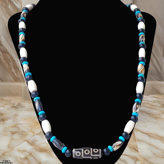 Authentic Dzi 9 Eyes Amulet | Tibetan Protection Talisman Necklace | Black Onyx Pendant for Success and Strength •Powerful Spiritual Jewelry
