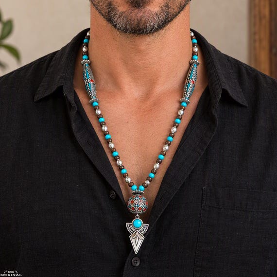 Turquoise Boho Necklace with Tibetan Pendant, Handmade Tribal Jewelry, Spiritual Unisex Gift