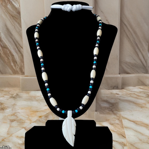 Handmade Native Tribal Necklace • Bone Feather Pendant • Natural Turquoise • Shamanic Protection Talisman • Unisex Boho Jewelry