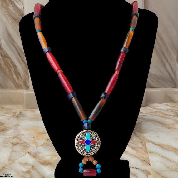 Native American Turquoise & Coral Necklace  | Handmade Tribal Jewelry | Spiritual Tibetan Pendant | Boho Chic Gift | Artisan Made in France