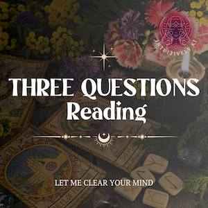 May include: Tarot cards featuring the Wheel of Fortune and The Magician, accompanied by runestones, a lit candle, and flowers. The text reads THREE QUESTIONS Reading and LET ME CLEAR YOUR MIND, with an Intuitively Ki logo in the corner.