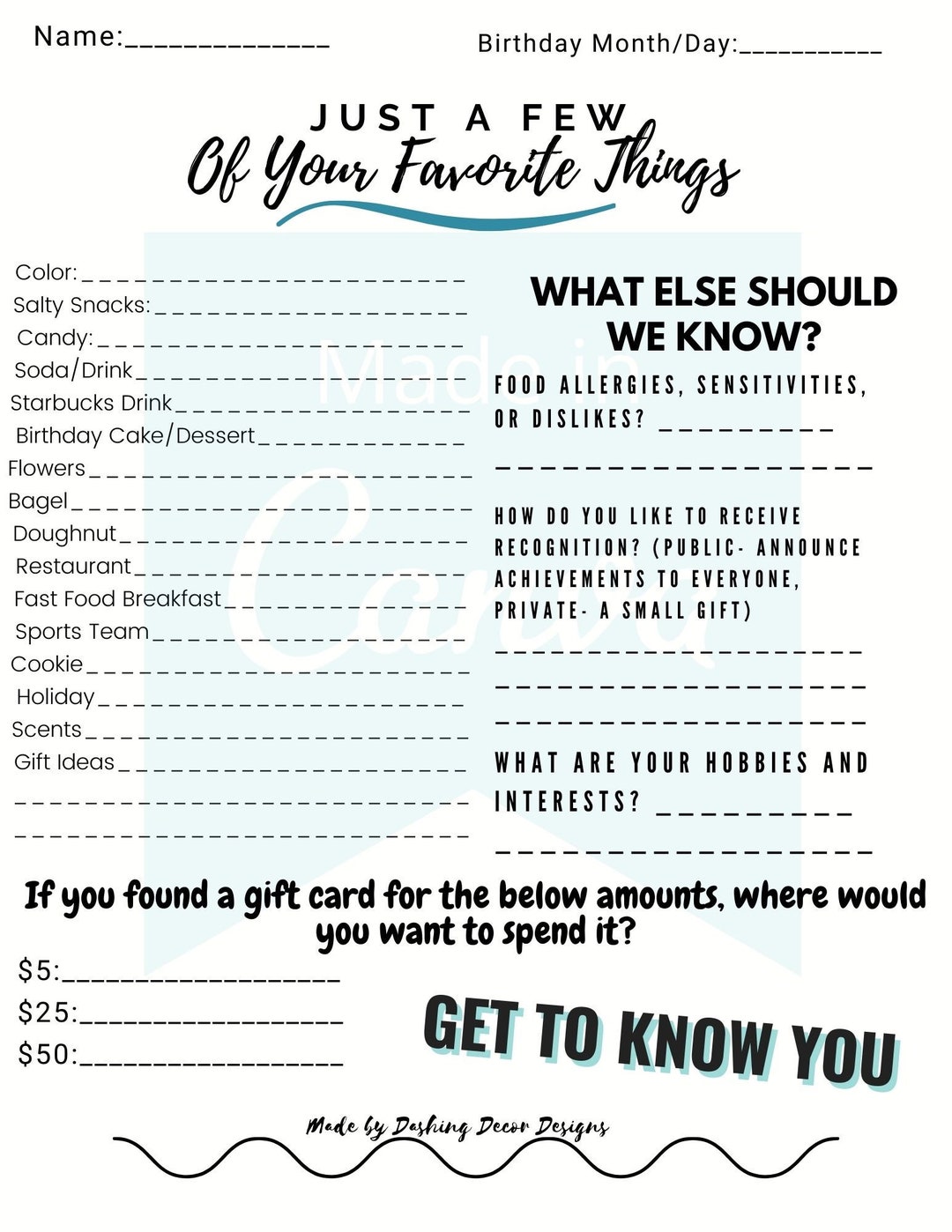 Employee Favorites List Get to Know Employee Employee - Etsy