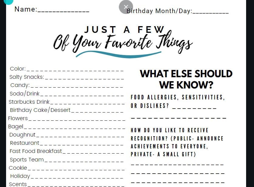 Employee Favorites List, My Favorite Things, Employee Wish List,  Teambuilding, This & That Survey INSTANT DOWNLOAD 