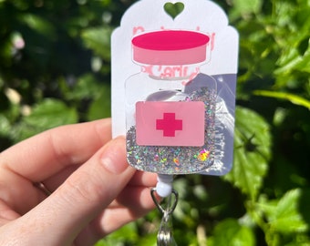 Medicine vial badge reel - pink