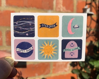 Cosmic Mini Sticker Sheet, Sun Star and Moon, Celestial Sticker Set, Bullet Journal Stickers, Planner Stickers, Cosmic Stationery, Stargazer