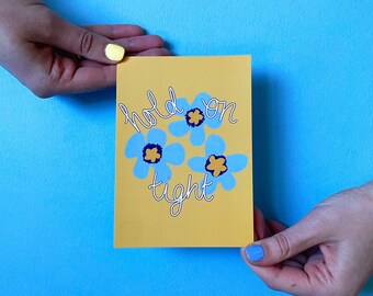 Hold on Tight Postcard A6 mini art print - yellow and blue pansy art print