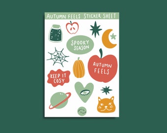 Autumn Feels Sticker Sheet | Journal Stickers | Halloween Stickers | Boho Aesthetic Stickers | vinyl sticker sheet spooky season celestial