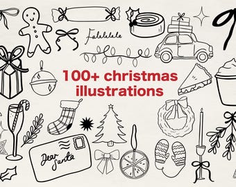 100+ whimsical Christmas hand-drawn Illustrations SVG PNG digital download vector elements clipart