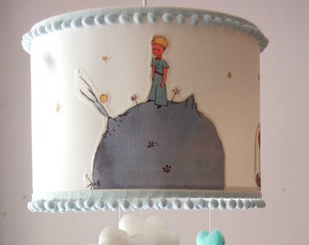 Abat-jour little prince fox - Lampe de tambour pour le décor de chambre des tout-petits avec pom pom bleu et petits cœurs