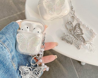 Butterfly Y2K Clear Keychain Glitter Case for Apple Airpods 1, 2 Airpods 3 Airpods Pro Bracelet Chain Case for AirPods Pro Case Box