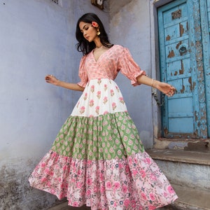 Hand Block Printed Summer Dress Floral Colour Block Tiered Organic Cotton Ethical Sustainable Sundress Women Maxi Dress