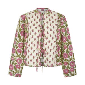 Hand Block Printed Quilted Jacket: Floral Organic Cotton, Spring Summer