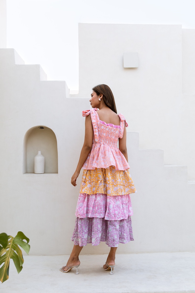 Hand Block Printed Dress 100% Cotton Tiered Colour Block Artisan Made ...