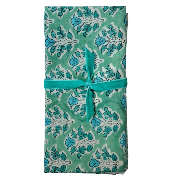 Ensemble de serviettes de dîner 4x, 100% coton, serviettes imprimées à la main, serviettes turquoise, serviettes en tissu, serviettes florales, coton batiste