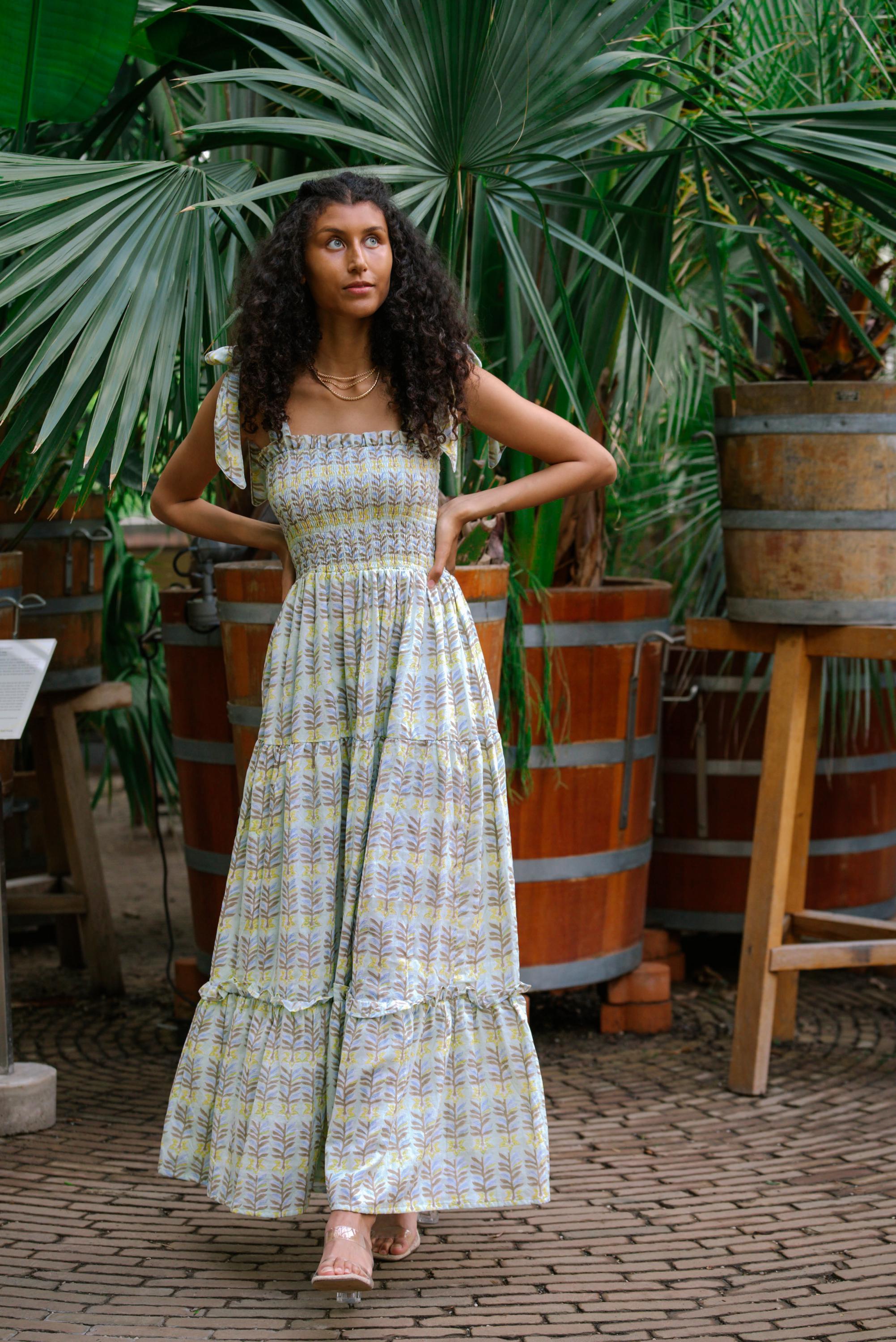 Hand Block Printed Summer Dress Floral Pastel Green Yellow Smocked