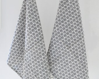 Grey White Hand Block Printed Cotton Tea Towel Dishcloth Kitchen Towel Accessories Linens 100% Cotton, Minimalist Design, Neutral Decor