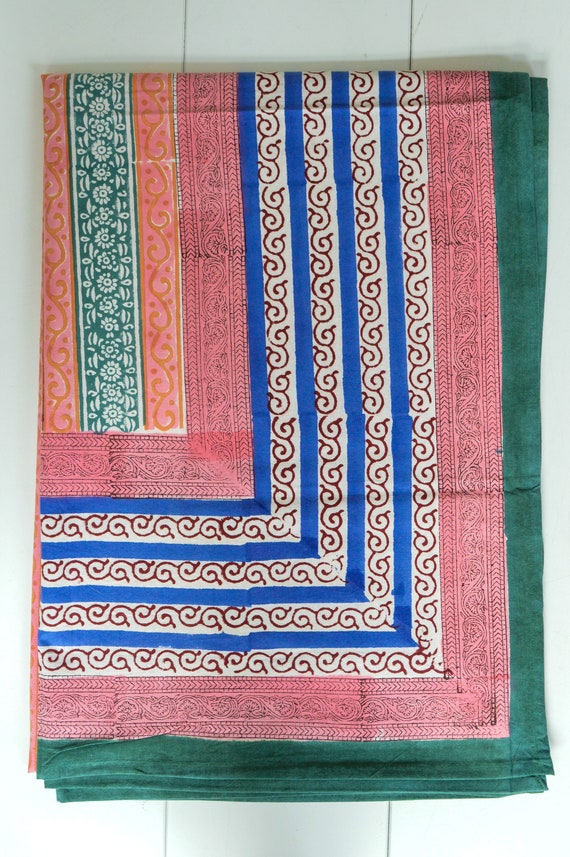 Hand block printed in Jaipur Peach Pink Green Tablecloth Rectangle Indian Cotton Tablecloth 100% Cotton Striped Patterned 4-6 seater Hand block printed in Jaipur Peach Pink Green Tablecloth Rectangle Indian Cotton Tablecloth 100% Cotton Striped Patterned 4-6 seater