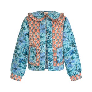 Hand Block Printed Quilted Jacket: Organic Cotton Floral Ruffle Collar
