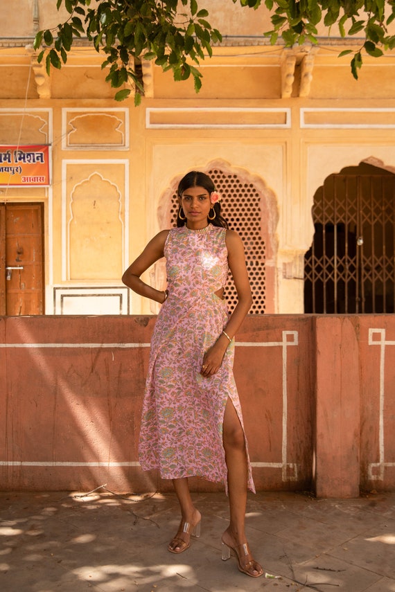 midi block printed organic cotton dress Hand Block Printed Pink Floral Dress, Organic Cotton Midi With Cut Outs