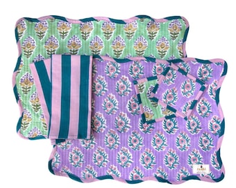 Set di tovagliette in cotone trapuntato fatte a mano / Tovaglie smerlate e reversibili