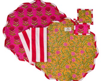 Set di tovagliette smerlate con stampa a blocchi / Tovaglie reversibili in cotone